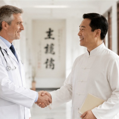 Western physician and Chinese physician shaking hands